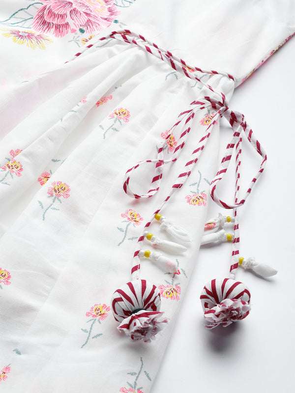 Biba Women White & Pink Panelled Floral Printed Anarkali Kurta - Distacart