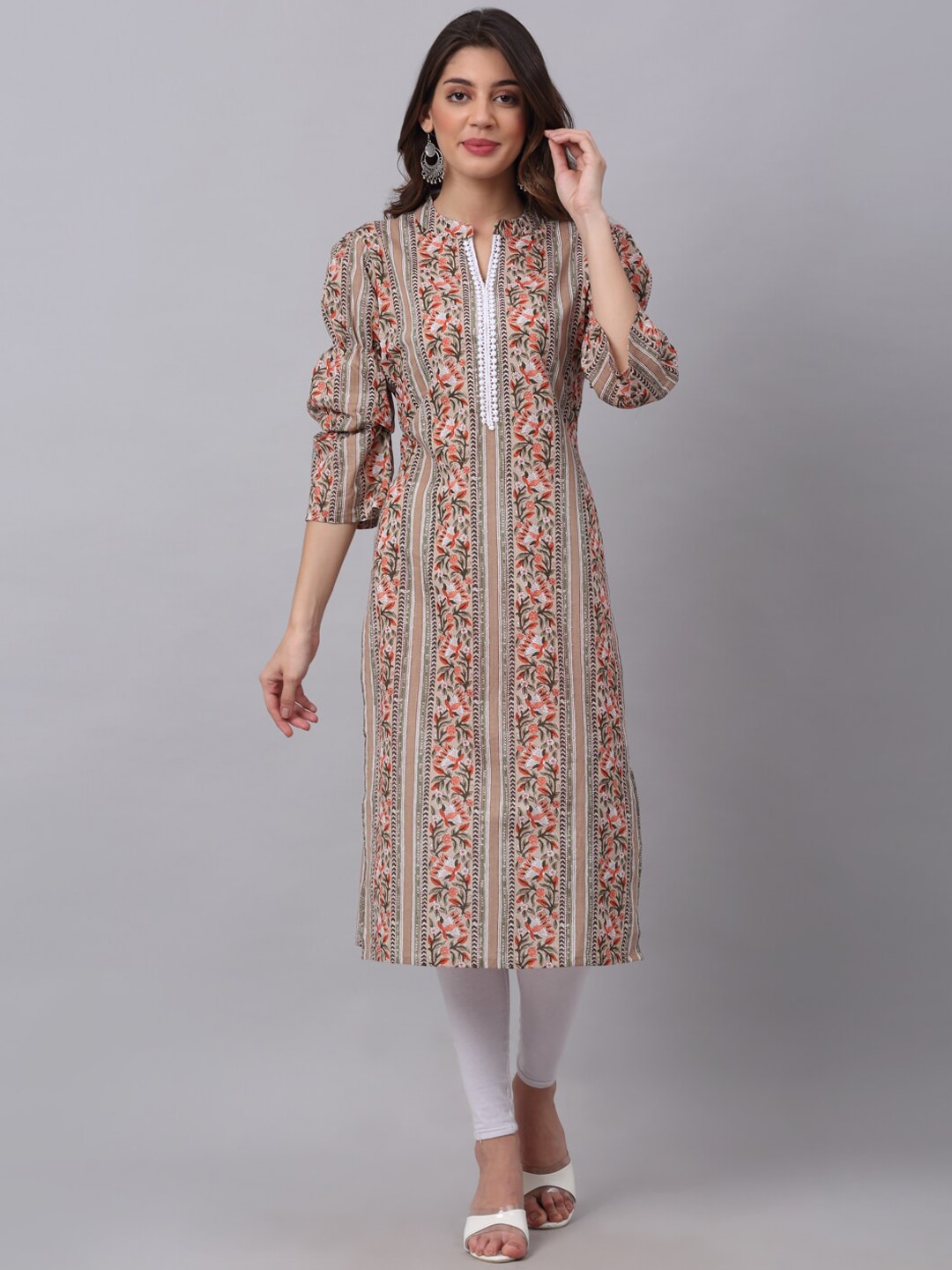 Kalini Women Beige Tribal Striped Thread Work Straight Kurta - Distacart
