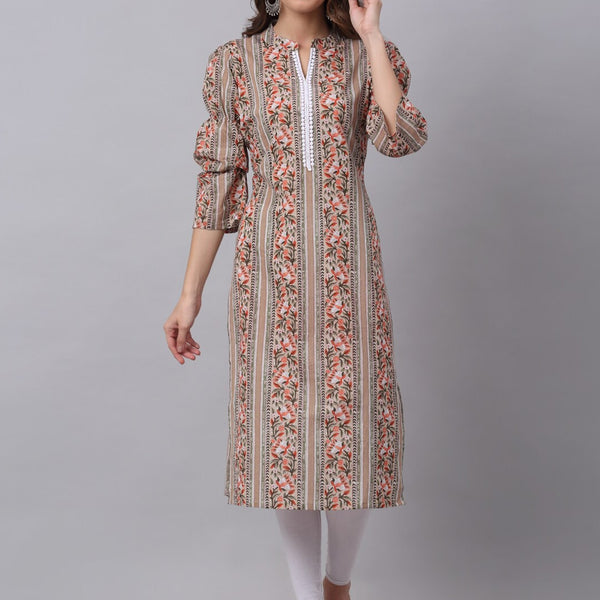 Kalini Women Beige Tribal Striped Thread Work Straight Kurta - Distacart