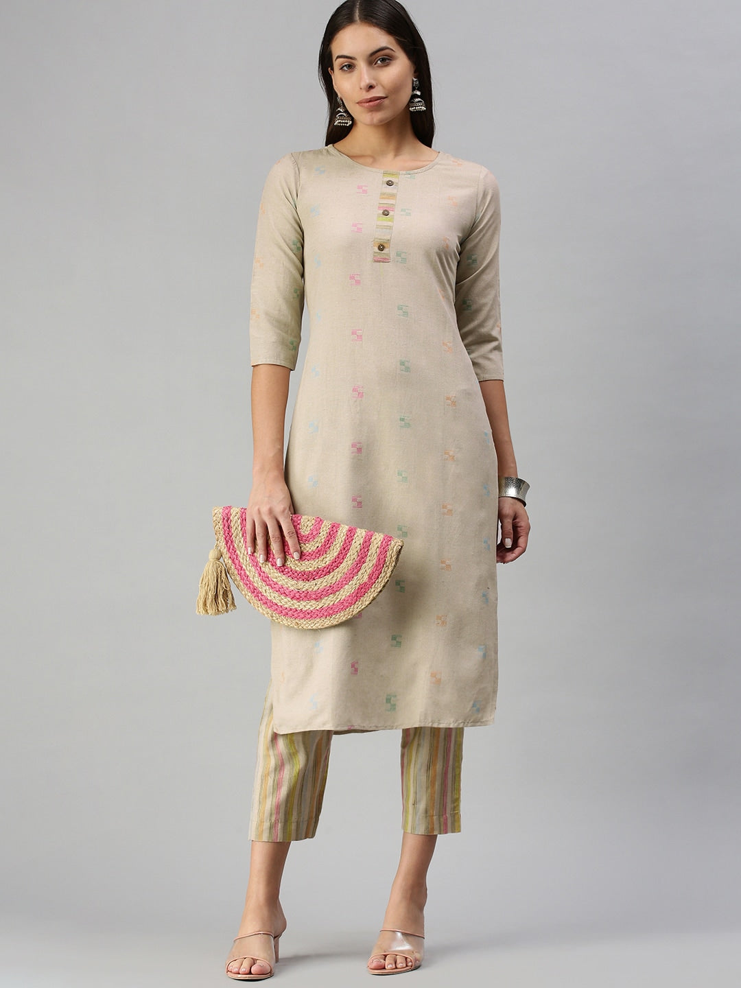 Kalini Women Beige Pure Cotton Kurta with Trousers - Distacart