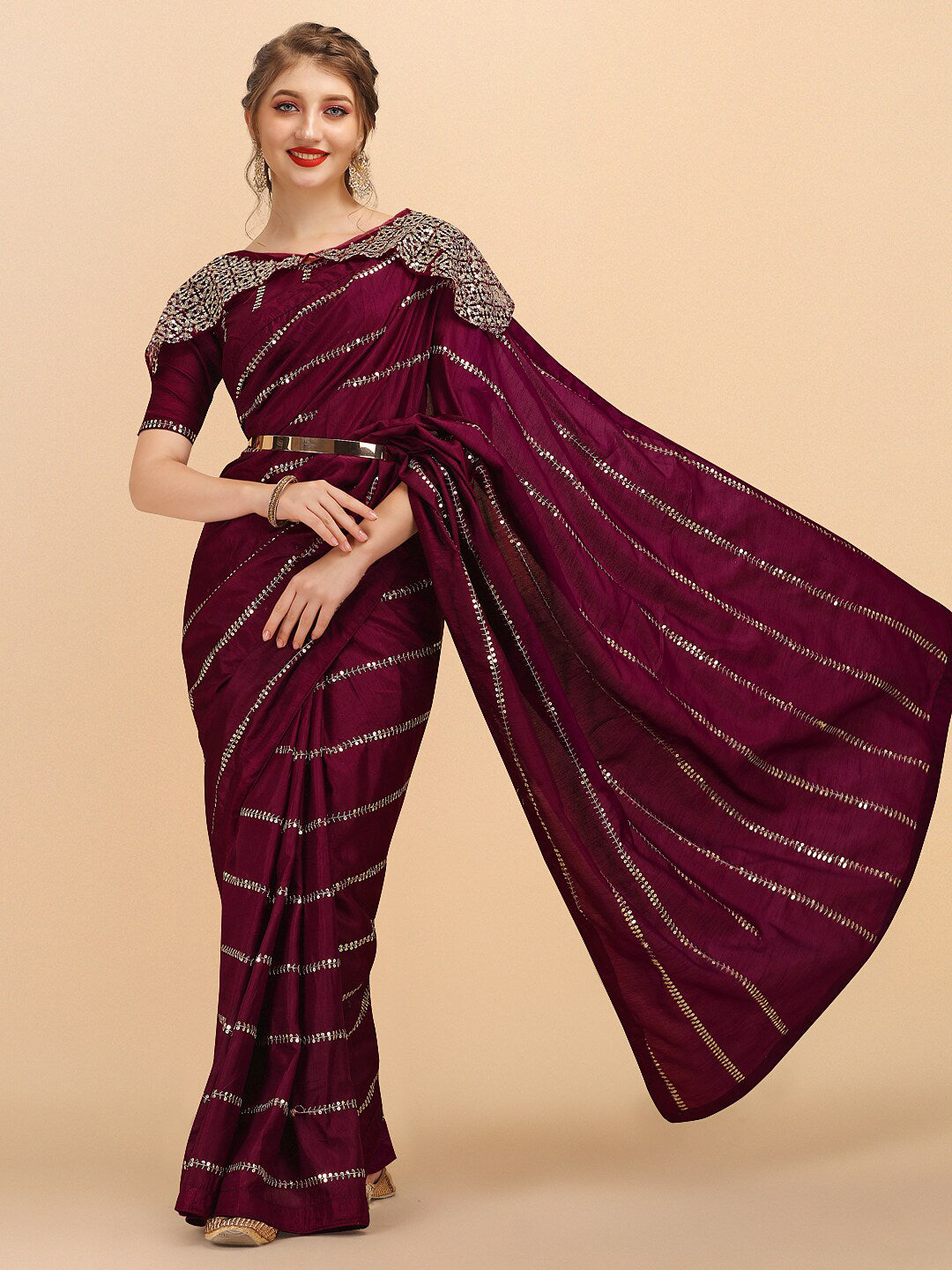 Sangria Women Burgundy Sarees - Distacart