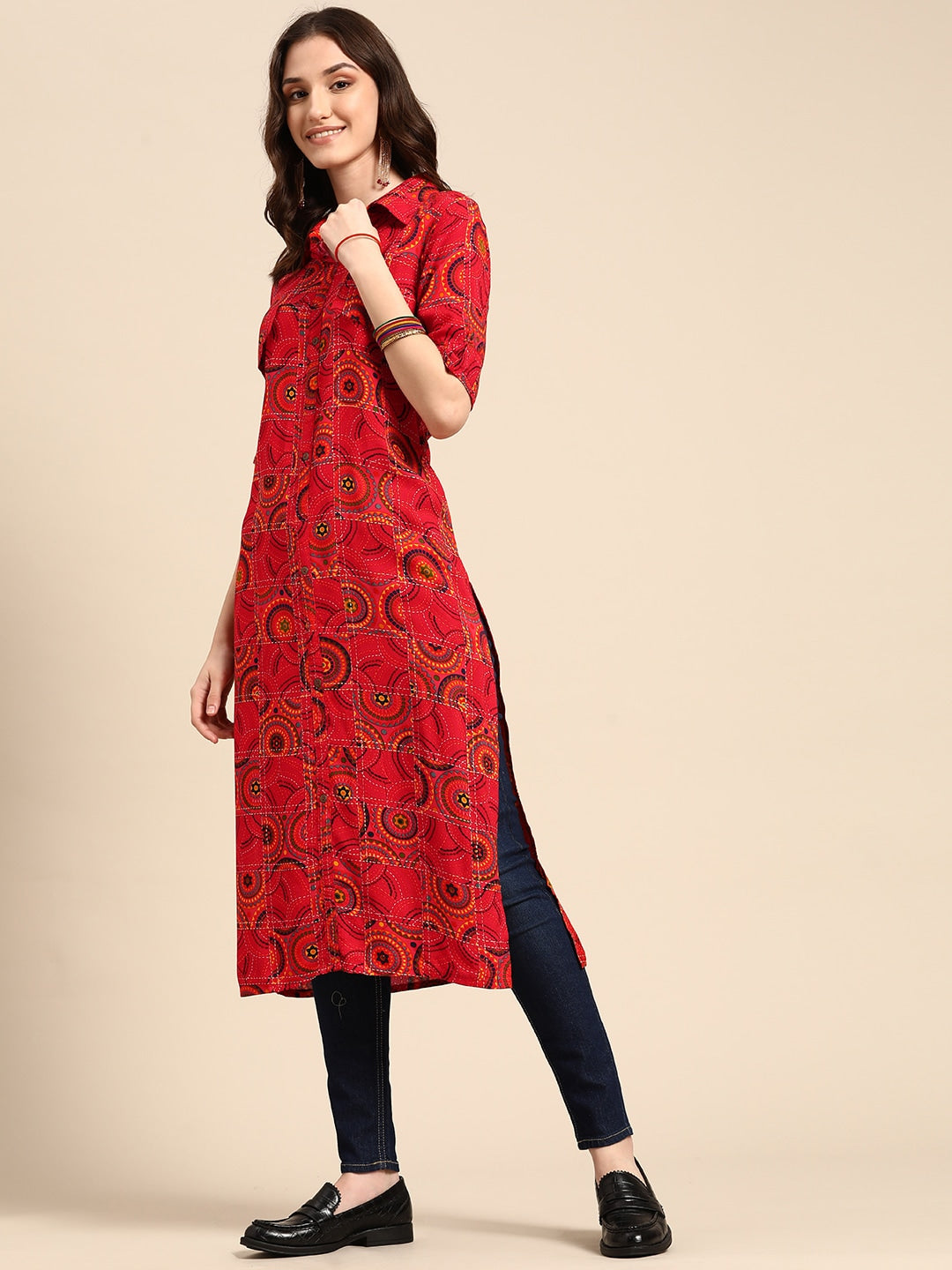Sangria Women Red Geometric Printed Kurta - Distacart