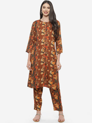 Biba Women Brown Floral Printed Kurta with Trousers - Distacart