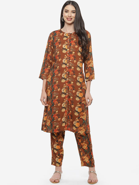 Biba Women Brown Floral Printed Kurta with Trousers - Distacart