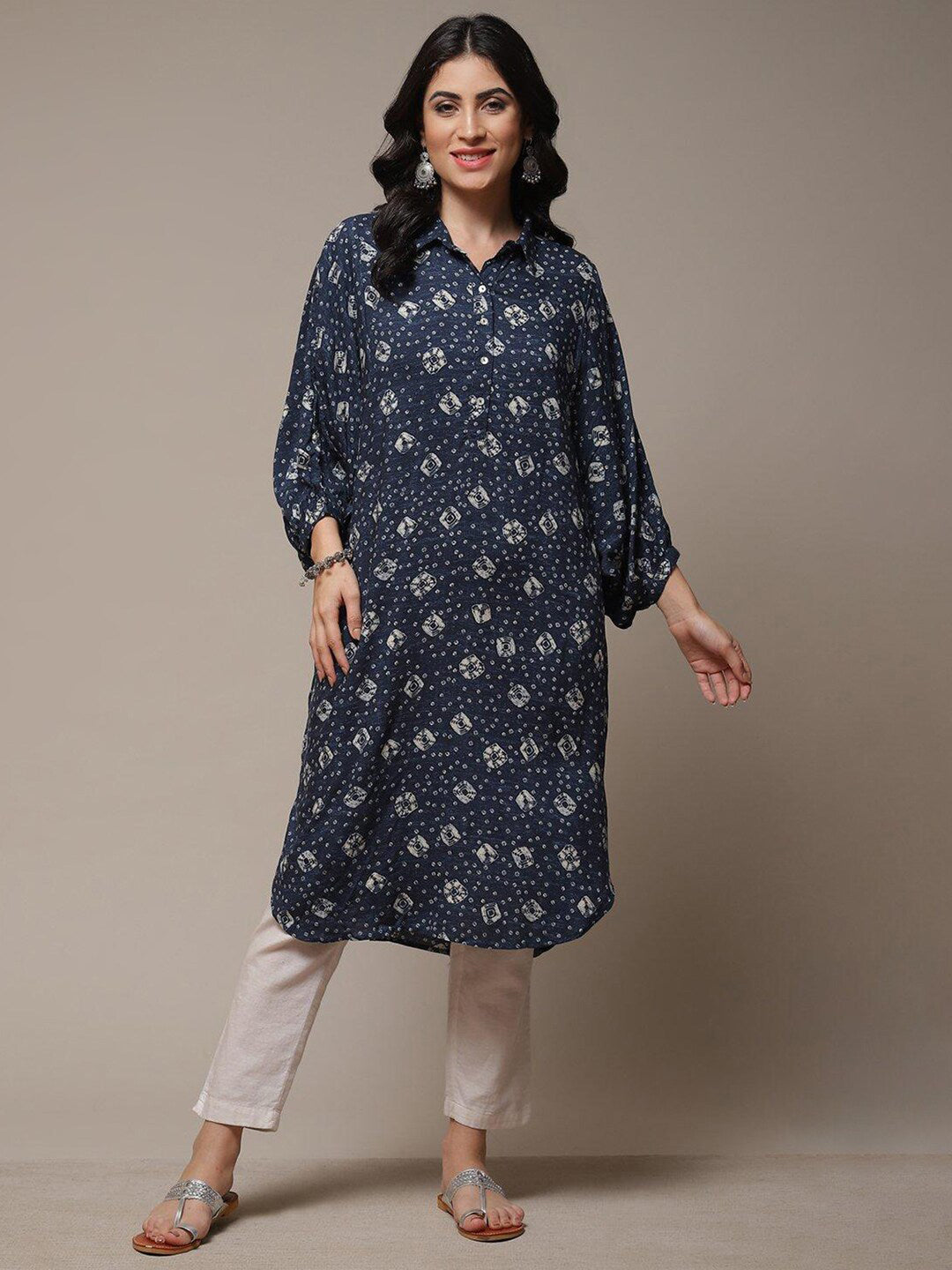 Biba Bandhani Printed Puff Sleeves Shirt Collar Kurta - Distacart