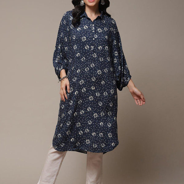 Biba Bandhani Printed Puff Sleeves Shirt Collar Kurta - Distacart