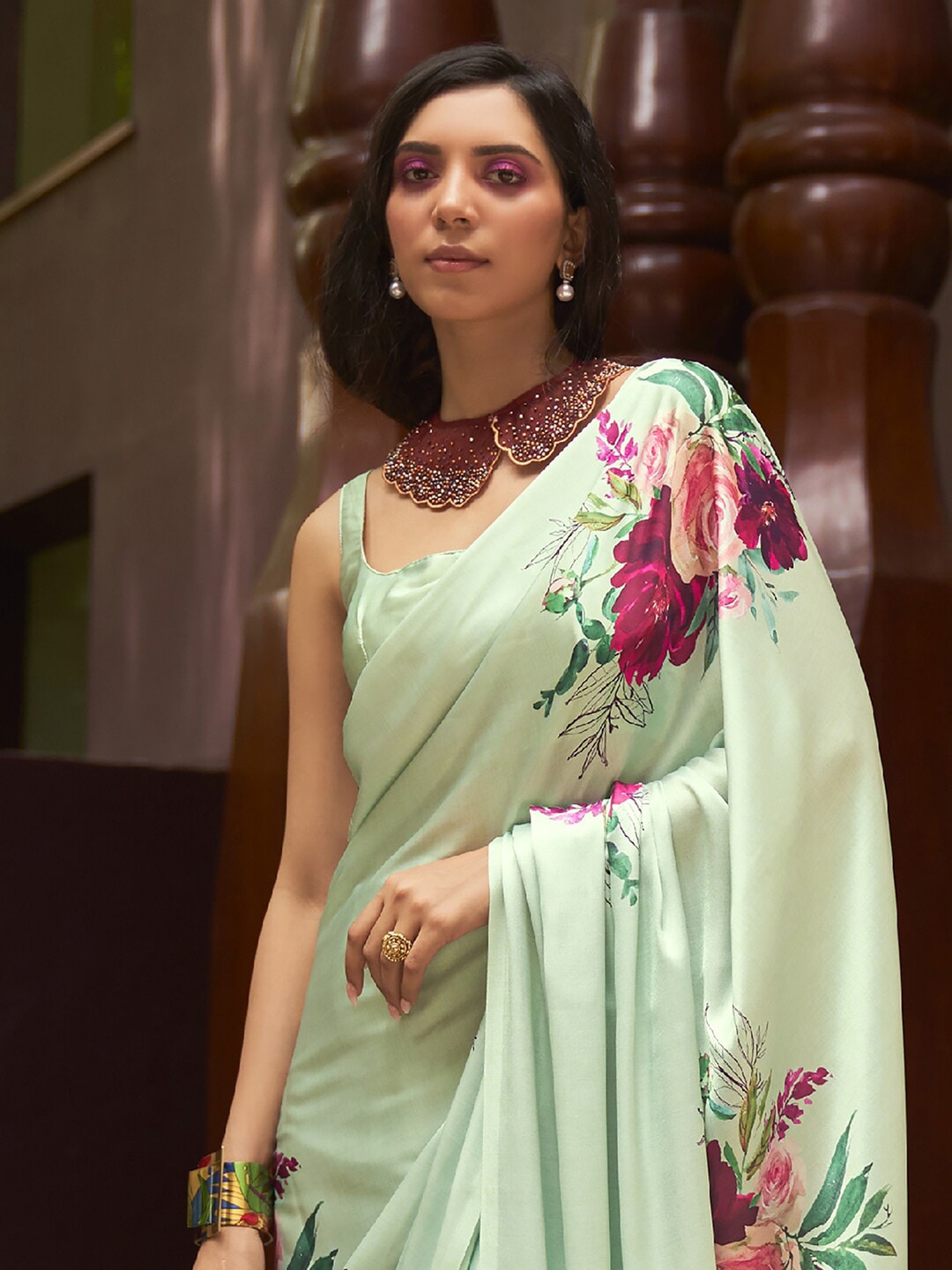 Mitera Green & Pink Floral Saree - Distacart