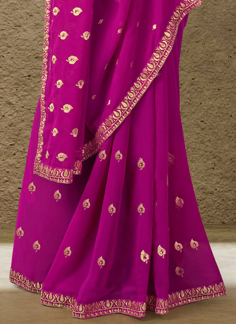 Purple Georgette Embroidered Saree with Unstitched Blouse Piece - Avika - Distacart