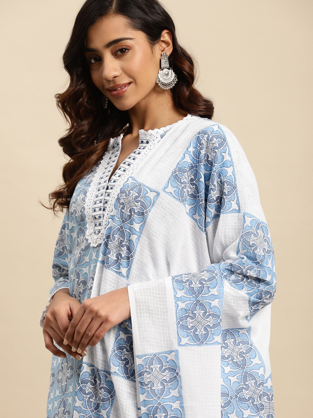 Sangria Blue Ethnic Motif Printed Pure-Cotton Straight Kurta With Trouser & Dupatta - Distacart