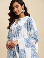 Thumbnail for Sangria Blue Ethnic Motif Printed Pure-Cotton Straight Kurta With Trouser & Dupatta - Distacart