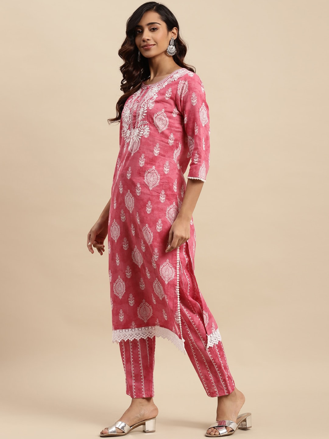 Sangria Ethnic Motifs Printed Thread Work Pure-Cotton A-Line Kurta With Trouser & Dupatta - Distacart