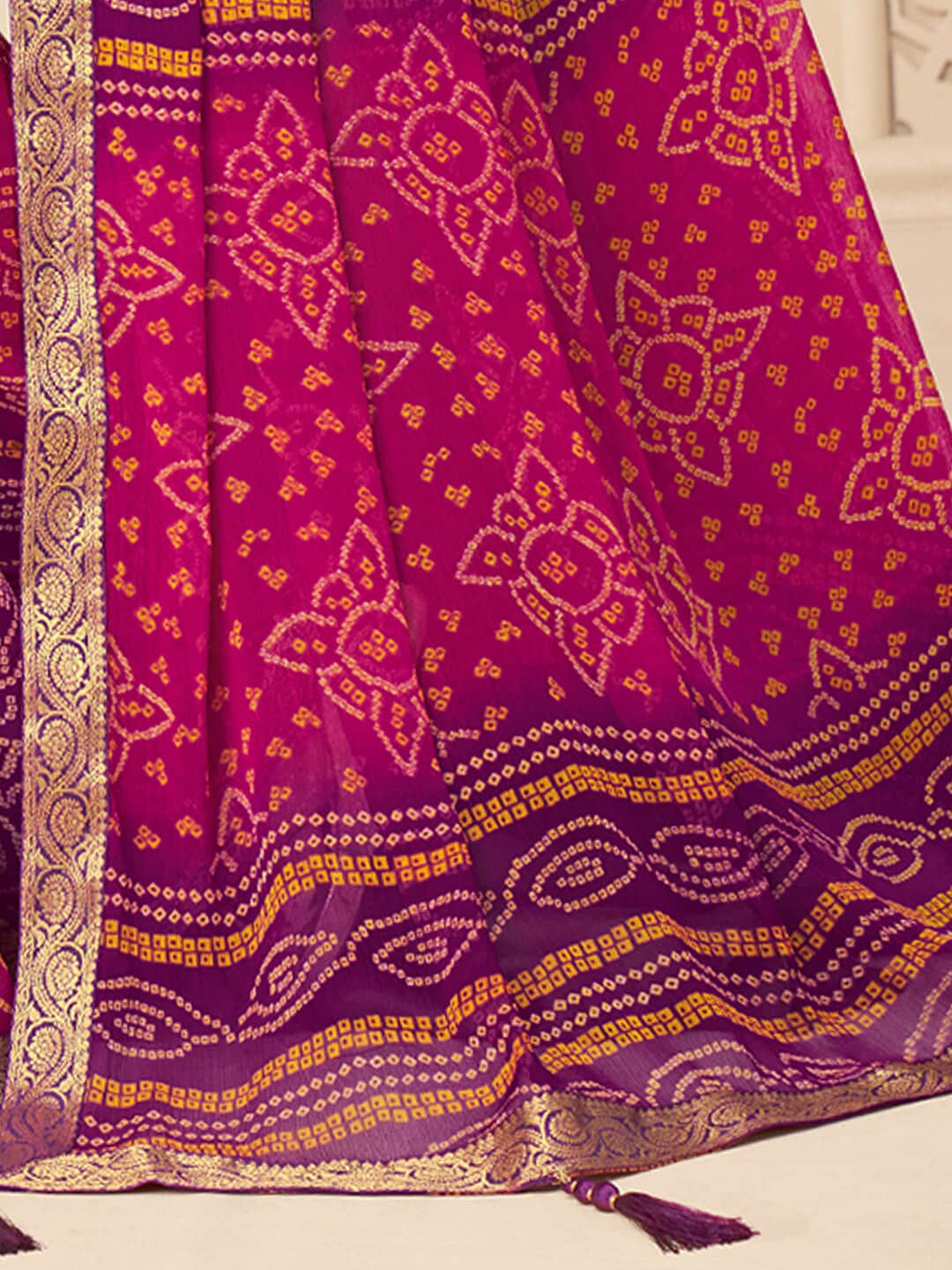 Anouk Pink & Purple Bandhani Printed Zari Pure Chiffon Bandhani Saree - Distacart