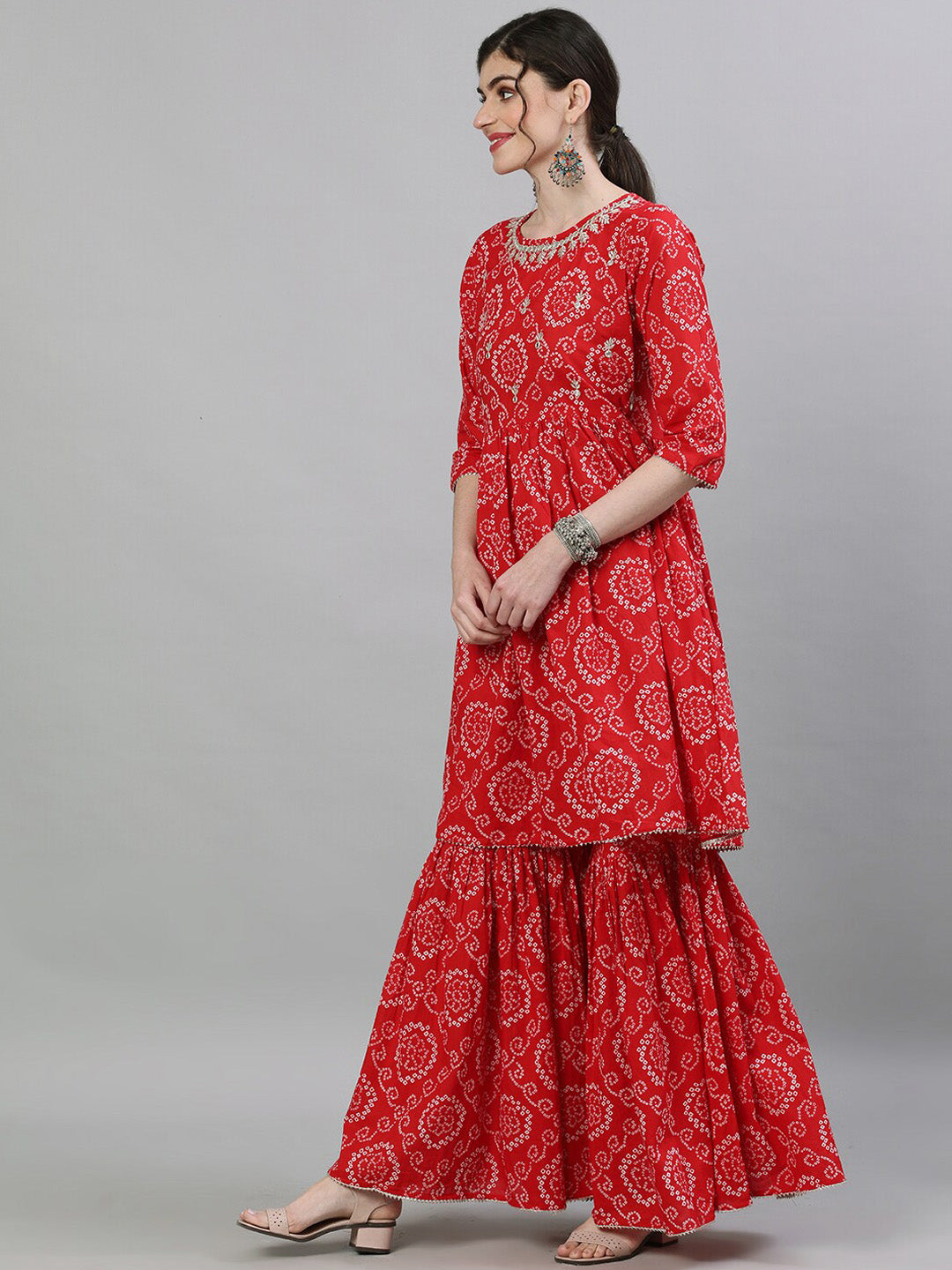 Ishin Women Red & White Printed Kurta with Sharara & Dupatta - Distacart