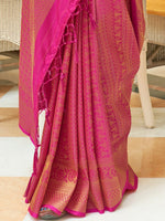Thumbnail for Mitera Pink & Gold-Toned Woven Design Zari Silk Blend Kanjeevaram Saree - Distacart