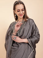 Thumbnail for Sangria Grey Beads & Stones Satin Saree - Distacart