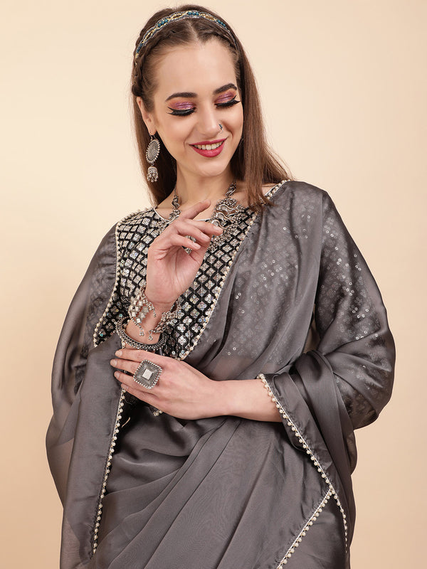 Sangria Grey Beads & Stones Satin Saree - Distacart