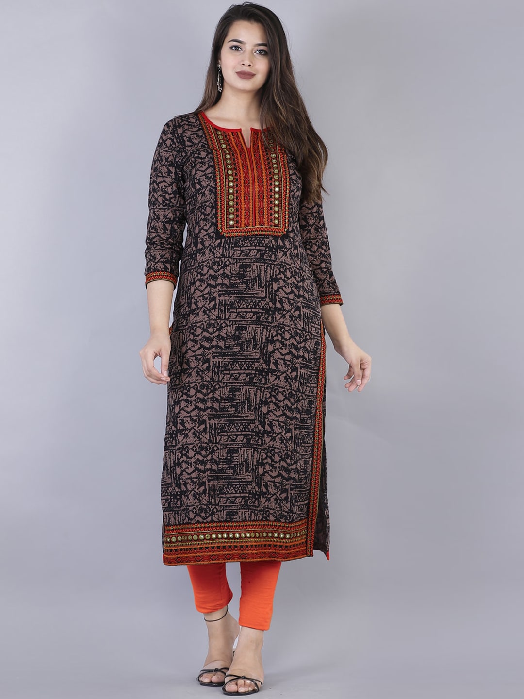 Kalini Women Brown Geometric Printed Flared Sleeves Thread Work Kurta - Distacart