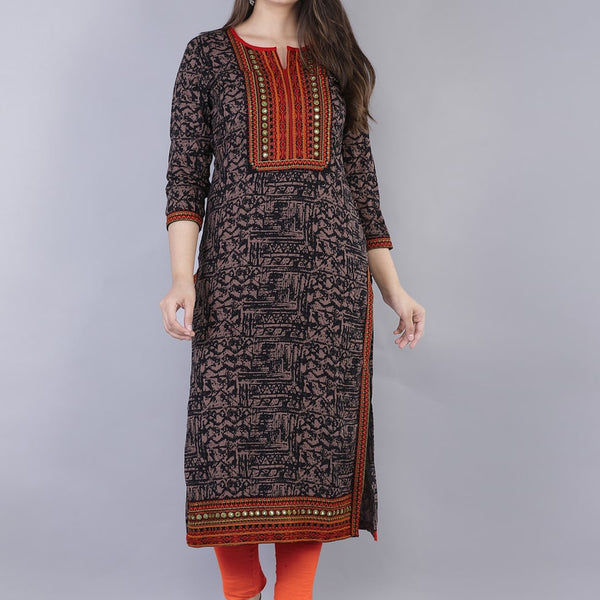 Kalini Women Brown Geometric Printed Flared Sleeves Thread Work Kurta - Distacart