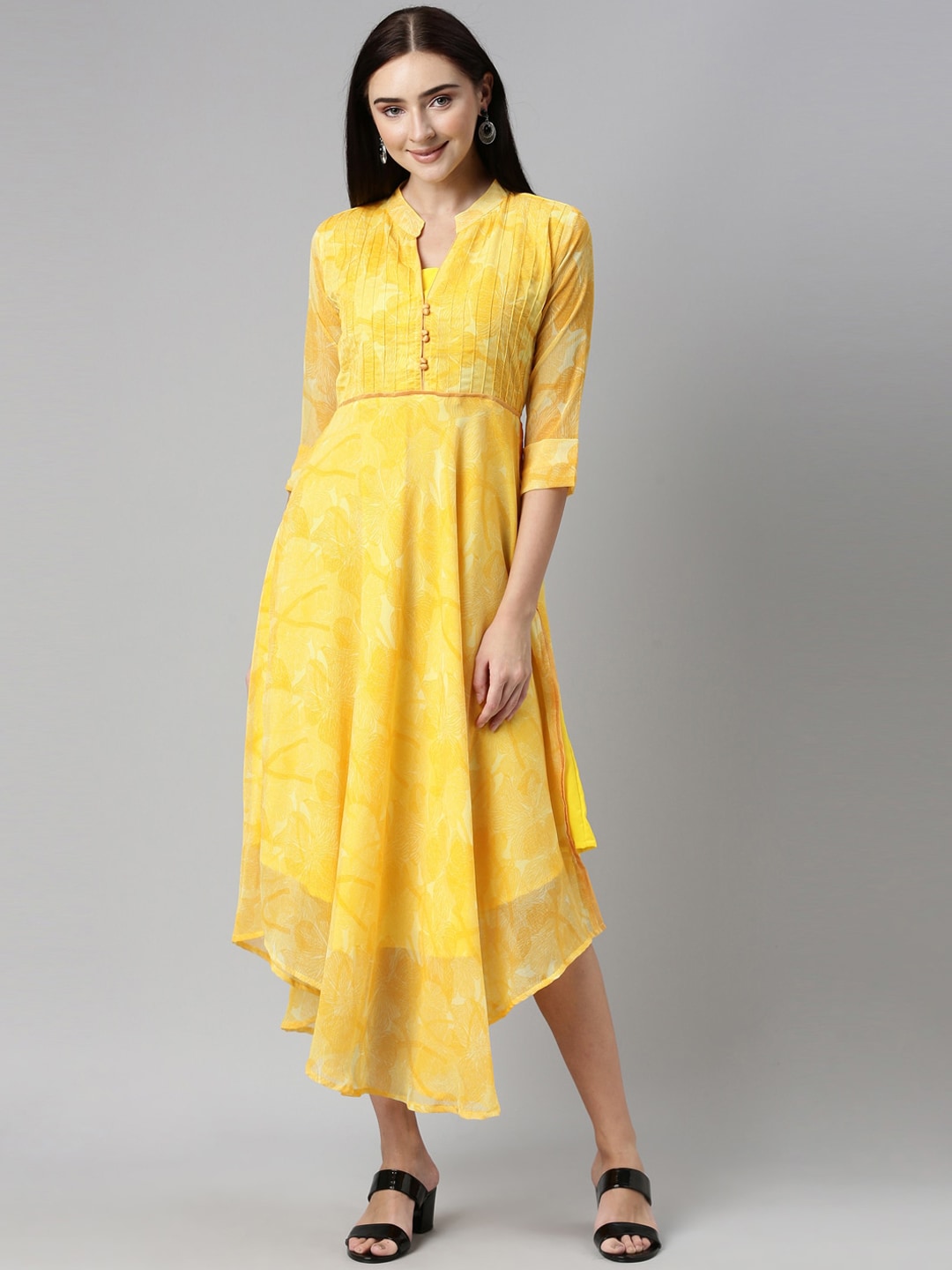 Souchii Yellow Floral Chiffon Midi Dress - Distacart