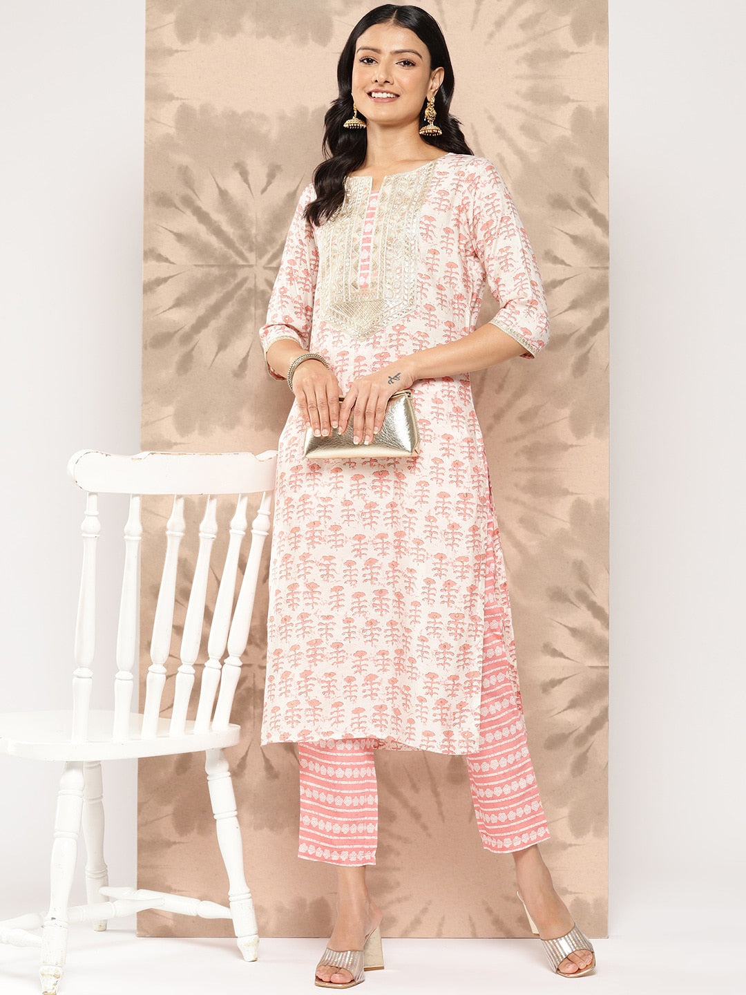 Libas Women Peach-Coloured Floral Printed Gotta Patti Pure Silk Kurta with Trousers - Distacart
