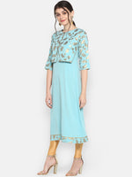 Thumbnail for Janasya Turquoise Blue & Gold-Toned Printed A-Line Kurta - Distacart