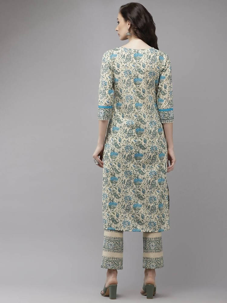 Yufta Women Beige Floral Printed Regular Pure Cotton Kurta with Trouser