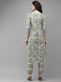 Thumbnail for Yufta Women Beige Floral Printed Regular Pure Cotton Kurta with Trouser