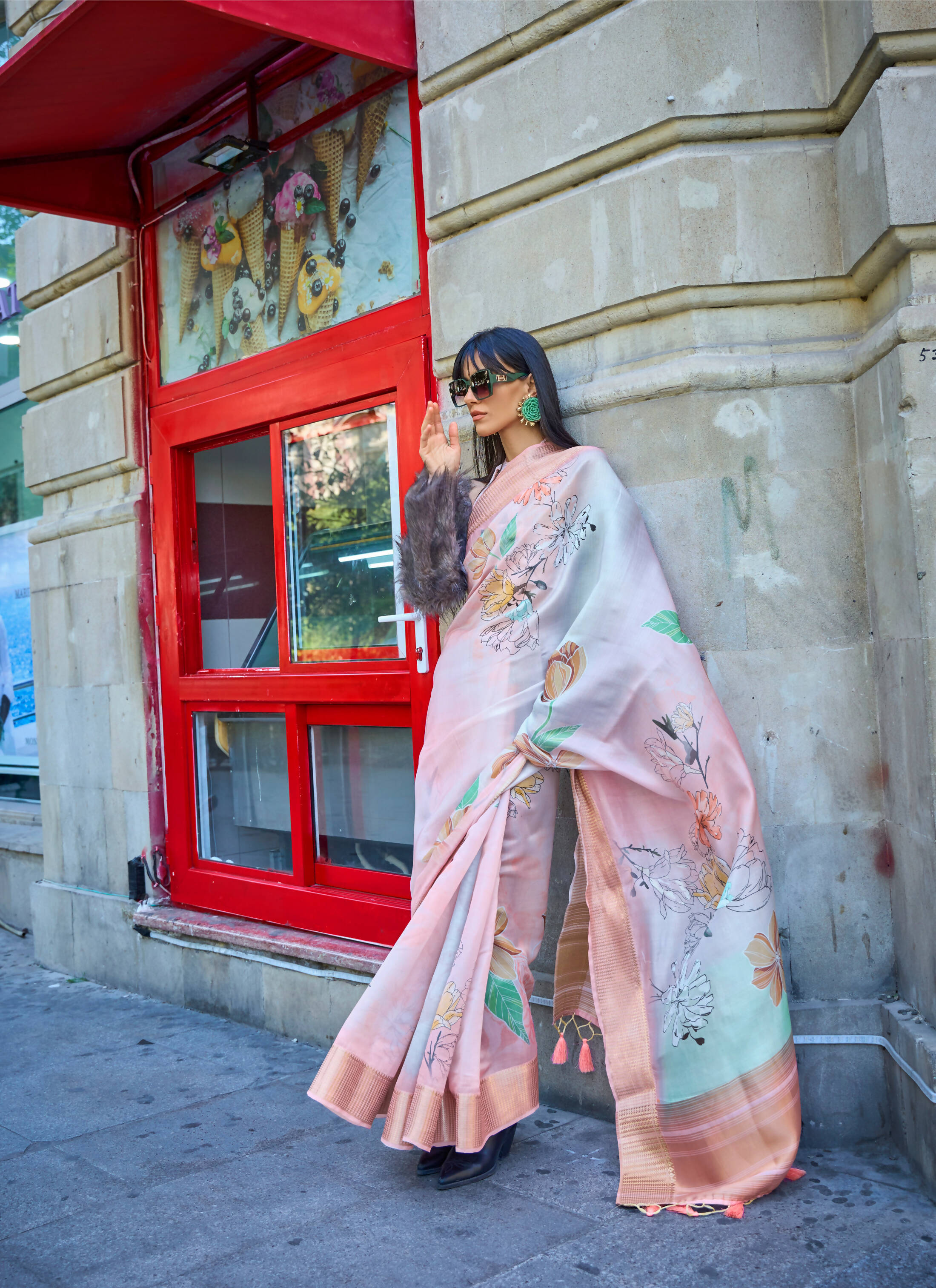 Peach Satin Organza Floral Woven Design Saree With Unstitched Blouse Piece - Klay's - Distacart