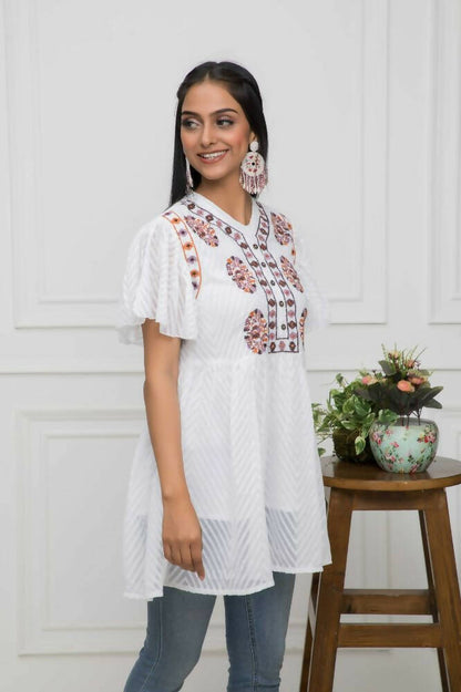 Myshka Women Solid V-Neck Flared Sleeves Synthetic Georgette White Top - Distacart