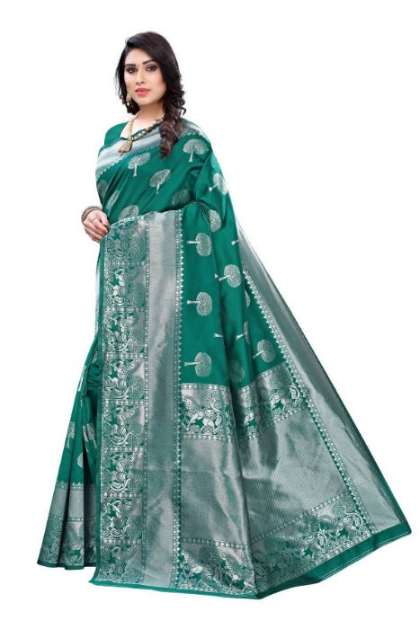 Vamika Banarasi Jacquard Weaving Rama Green Saree (AMEE RAMA)