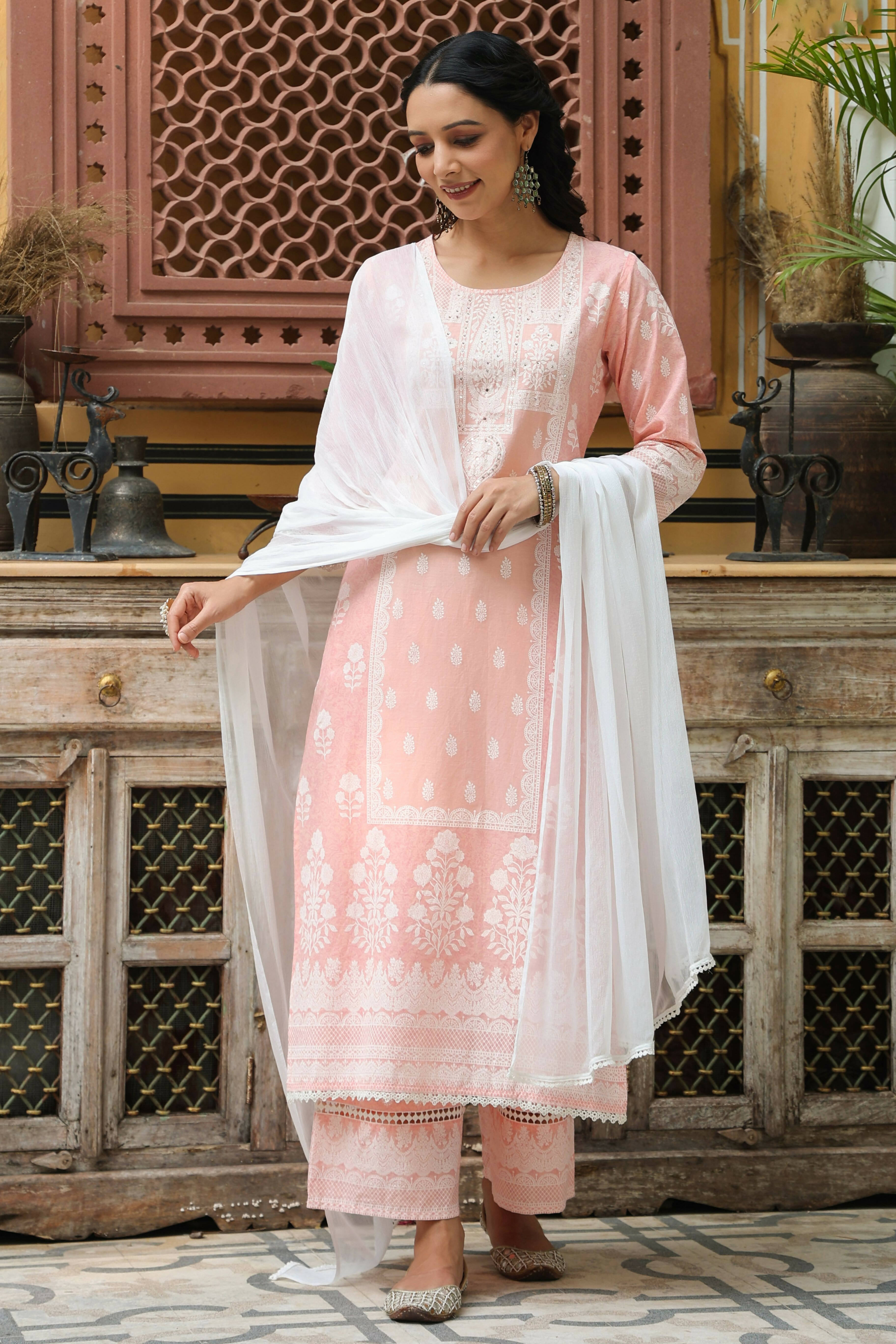 Juniper Women's Peach Printed Straight Kurta Sets - Distacart