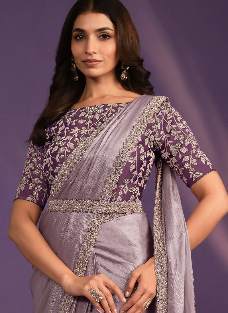 Purple Pattern Georgette Embroidered Saree With Stitched Blouse - Mohmanthan Exotica - Distacart