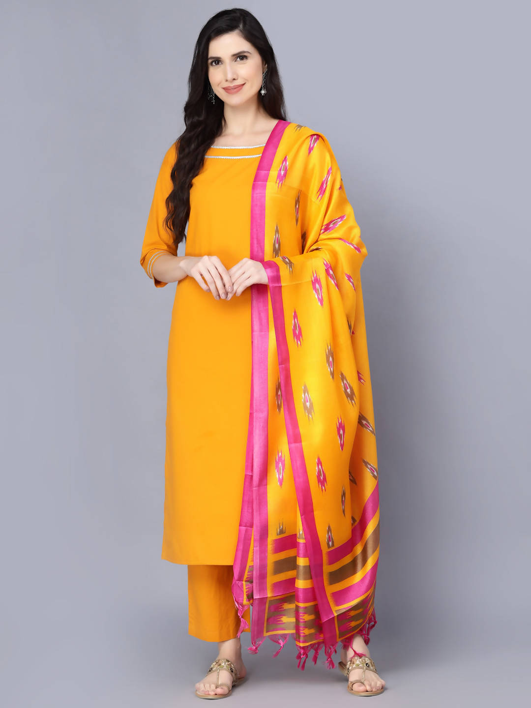Myshka Women Mustard Yellow Pure Cotton Kurta with Trousers With Dupatta - Distacart