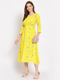 Thumbnail for Myshka Women's Yellow Printed Cotton 3/4 Sleeve Round Neck Casual Dress