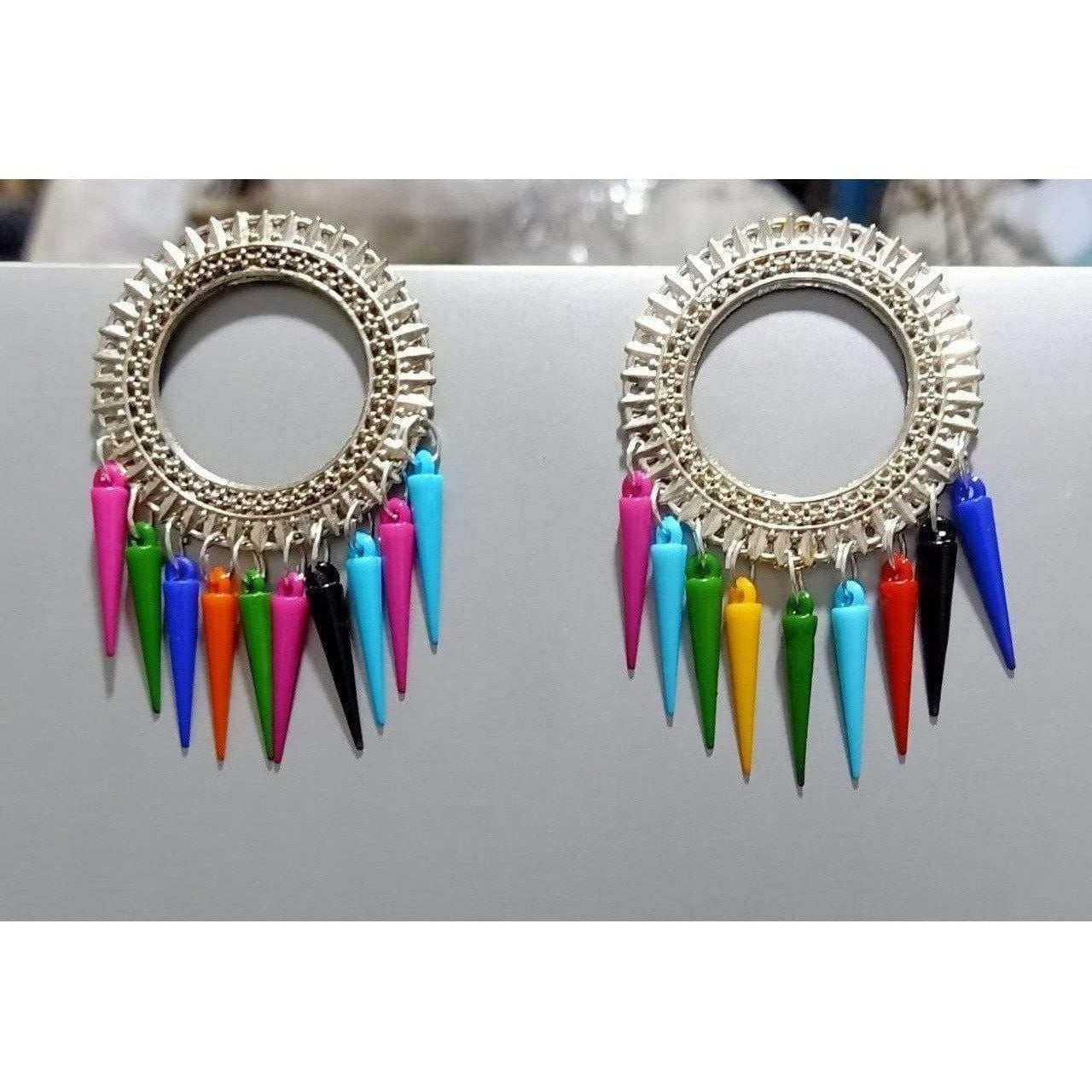Sun Design Oxidized Silver Earrings With Multicolor Alloy Drops