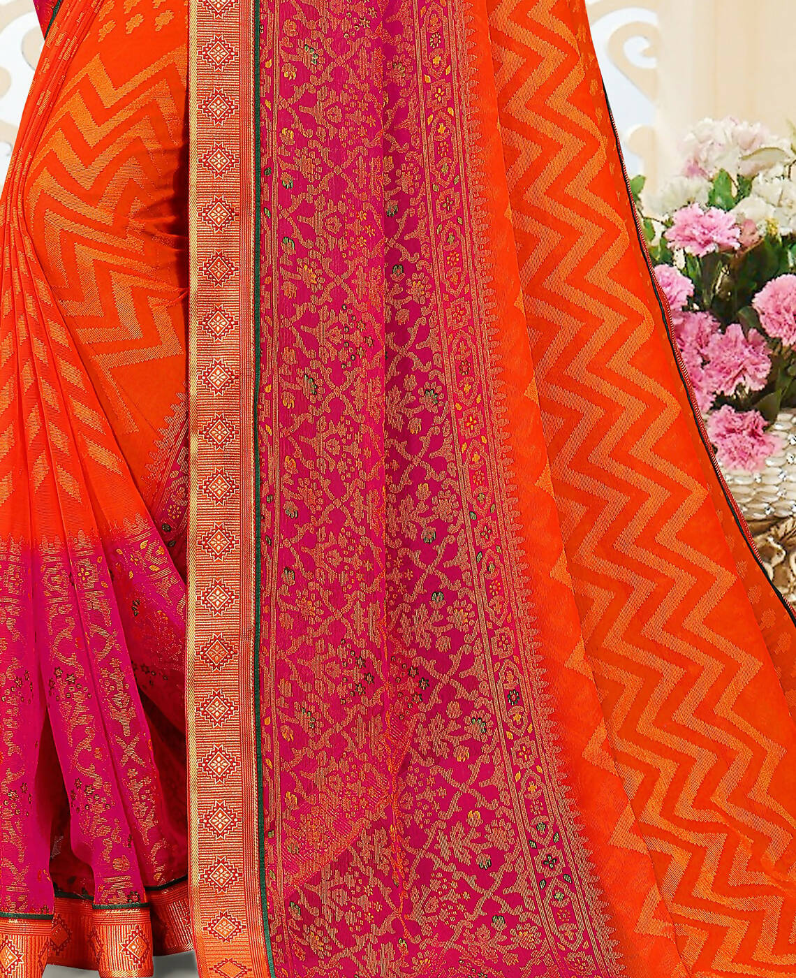 Orange & Pink Chiffon Brasso Printed Saree With Unstitched Blouse Piece - Jyoti - Distacart