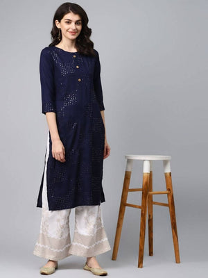 Yufta Women Navy Blue & White Solid Kurta with Palazzo