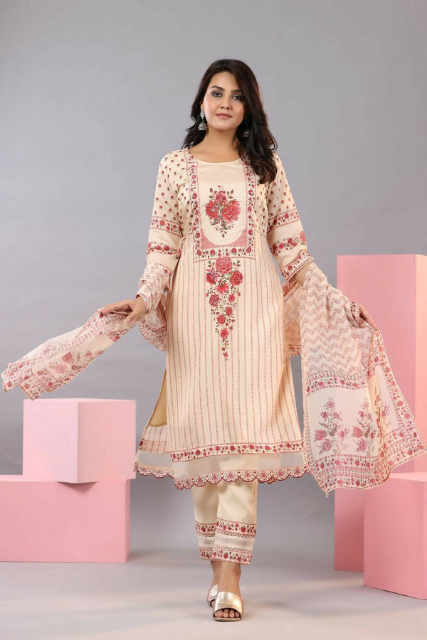 Juniper Women Ecru Muslin Floral Printed Kurta, Pants and Dupatta Set - Distacart