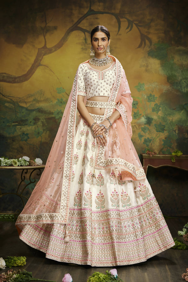House of Panchhi Off White Pure Silk Moti & Zarkan heavy embroidery Lehenga choli & Dupatta - Distacart