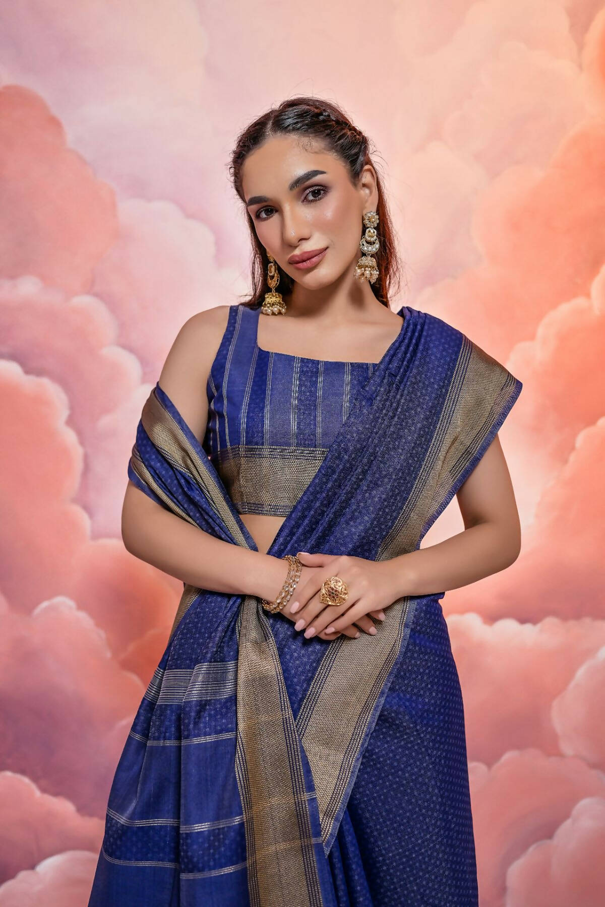 Vishnu Weaves Women's Blue Cotton Self Weaving Saree with Blouse - Distacart