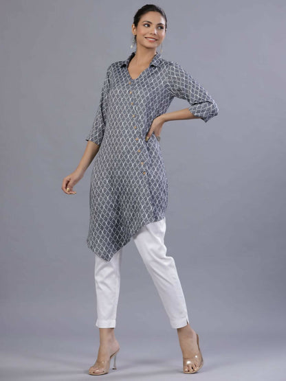 Juniper Women Blue Rayon Printed Asymmetric Kurta - Distacart