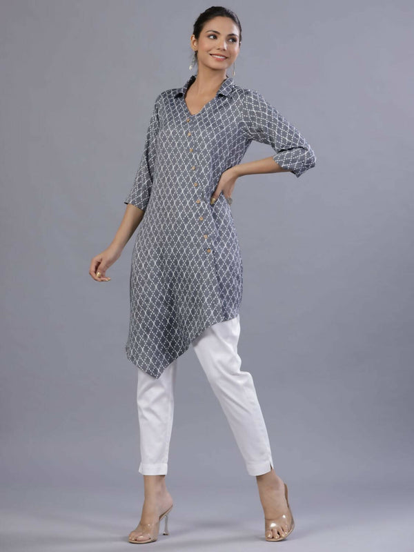 Juniper Women Blue Rayon Printed Asymmetric Kurta - Distacart