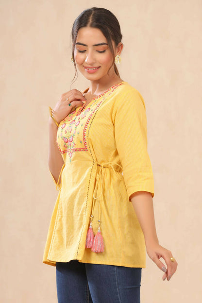 Juniper Women Yellow Cotton Dobby Embroidered A-Line Tunic - Distacart