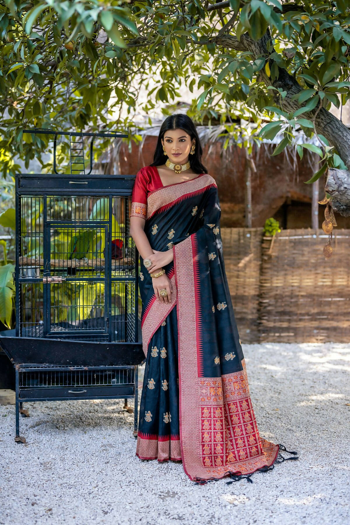 Vishnu Weaves Women's Black Tussar Silk Zari Woven Saree with Blouse - Distacart