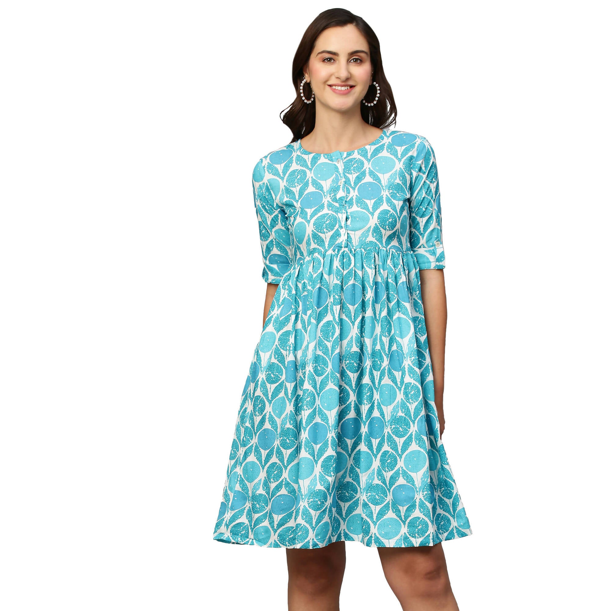 Blue & White Ethnic Motifs Printed Cotton A-Line Dress - Poonam - Distacart