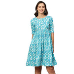 Thumbnail for Blue & White Ethnic Motifs Printed Cotton A-Line Dress - Poonam - Distacart