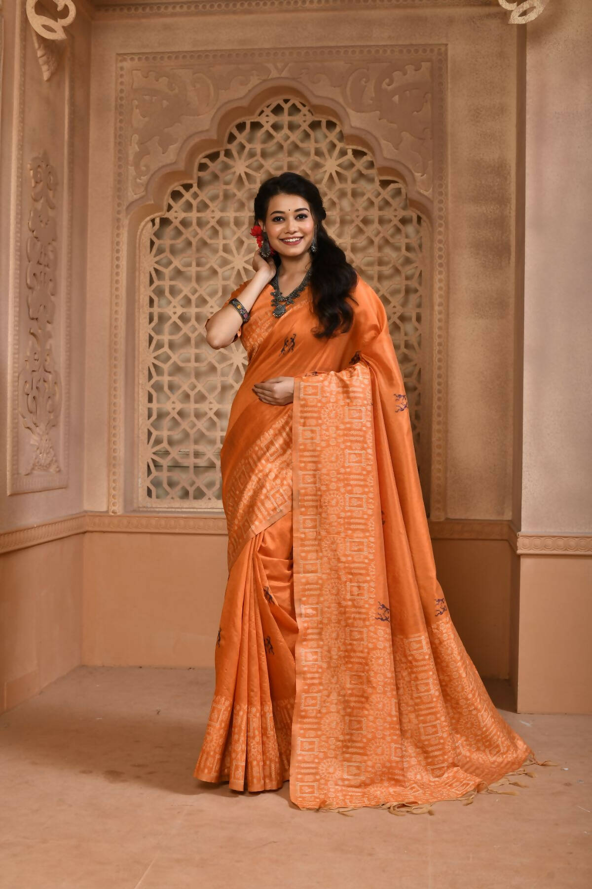 Vishnu Weaves Women's Orange Handloom Raw Silk Woven Border Saree with Unstitched Blouse - Distacart