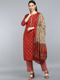Thumbnail for Ahika Women Maroon Ethnic Motifs Printed Pure Cotton Kurta with Trousers & With Dupatta - Distacart