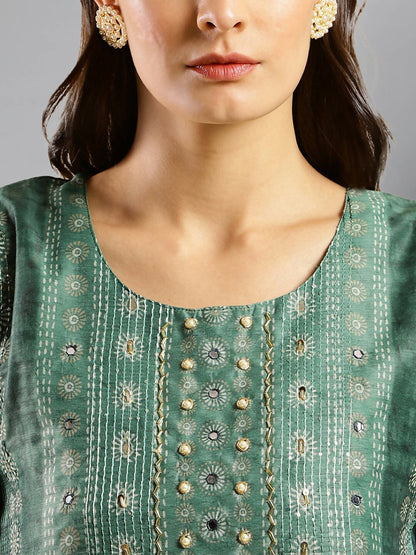 Sea Green Chinon Digital Printed With Hand Work Kurta - Himanshi - Distacart