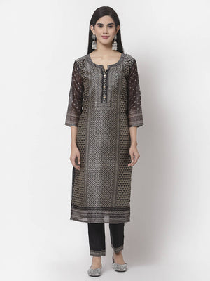 Myshka Black Chanderi Silk Embroidered 3/4 Sleeve Round Neck Kurta Pant Dupatta Set
